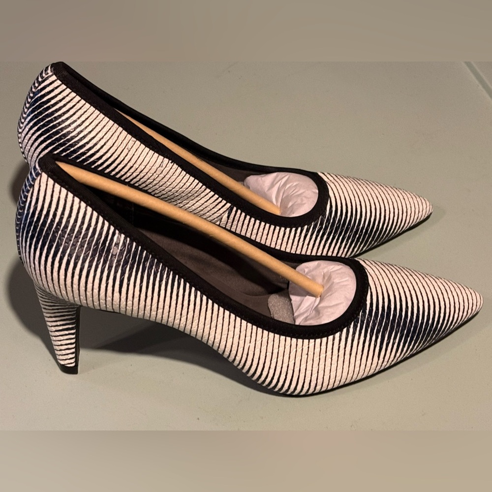 LOGO by Lori Goldstein Black and White Striped Pointed-Toe Pumps